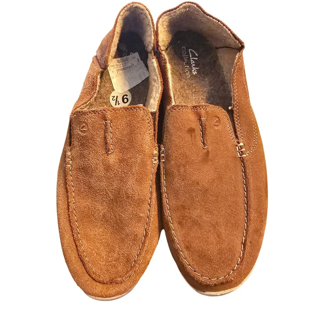 Clarks Step Isle Slip Loafer Mens 9.5 Brown Suede Shearling Cozy Cabin Gorpcore